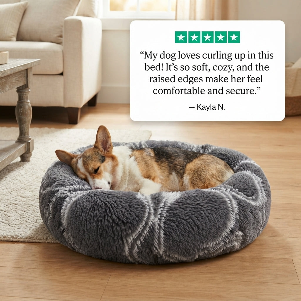 Calming Donut Dog Bed – Plush Faux Fur Cozy Bed for Dogs & Cats